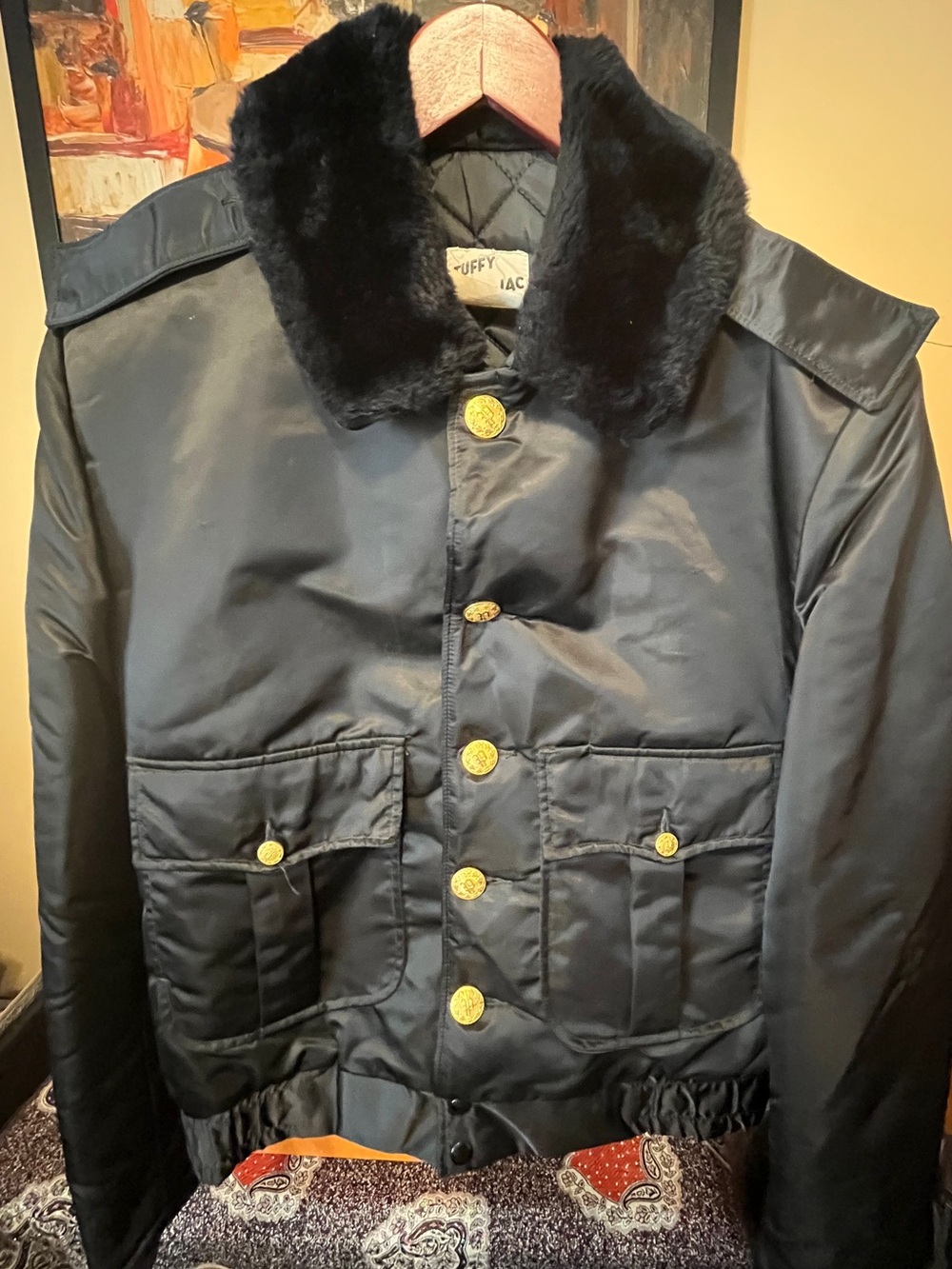 VTG Black Tuffy Jac Jacket Mens Nylon Bomber Fur Collar Police Talon 70s - SZ 40